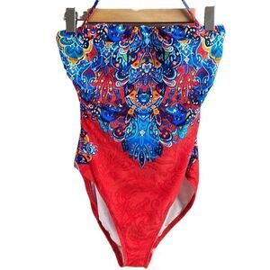 Lauren Ralph Lauren Tropical Red Blue Floral Paisley One Piece Halter Swimsuit 8